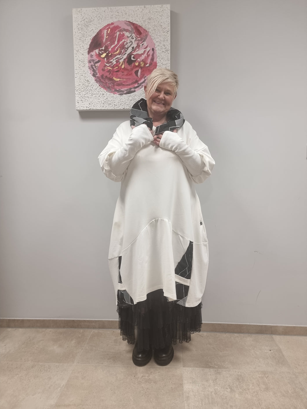 Mädchenglück Kleid Longtunika mit Jacquard Kragen in Weiß / Ecru